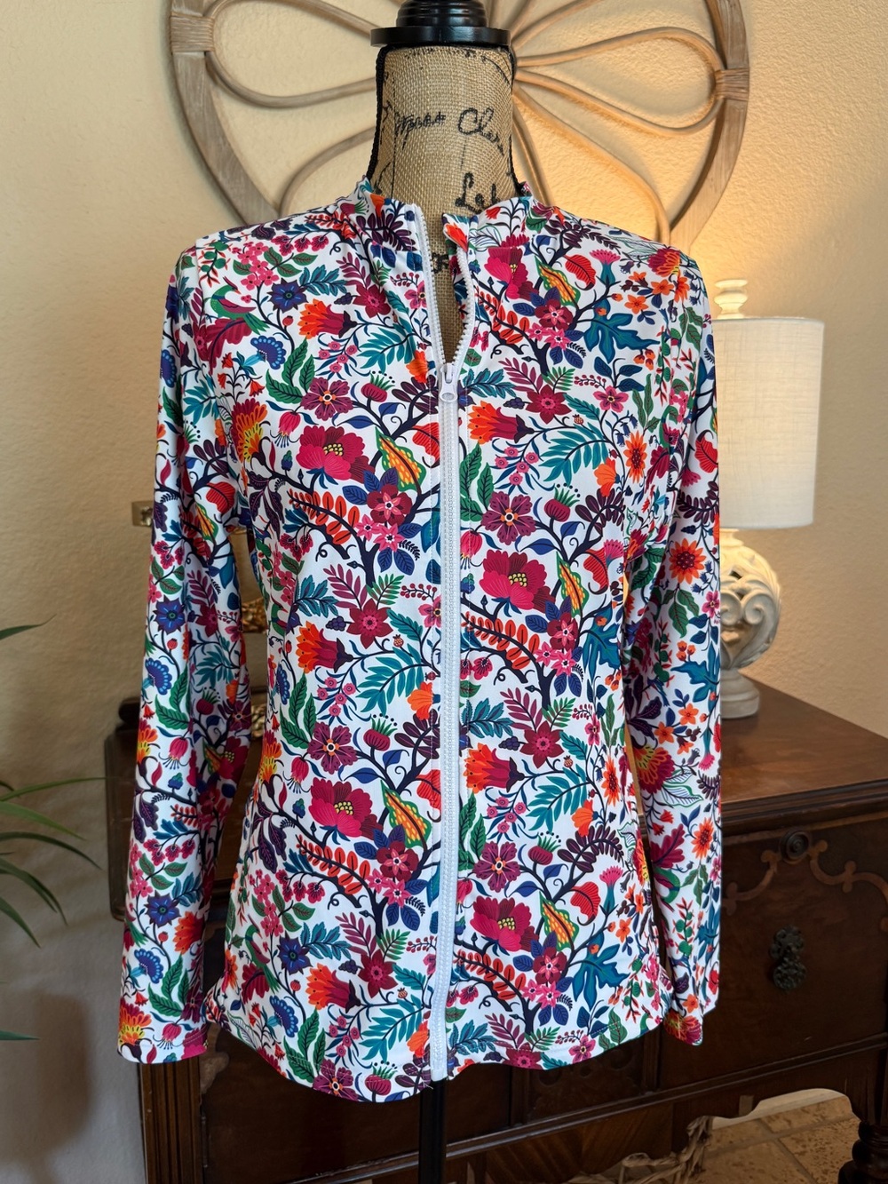 Caribbean Joe White Tropical Floral Zip-Front Jacket